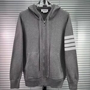 Thom Browne Gray Hooded Zip-Up Sweater with White Sleeve Stripes